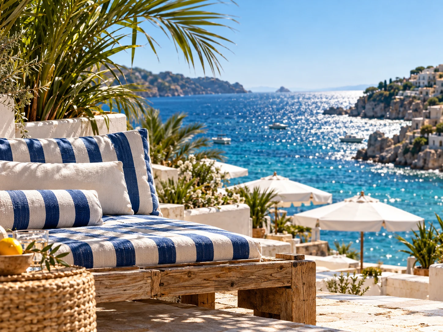 Blue-striped coastal lounge overlooking the sea