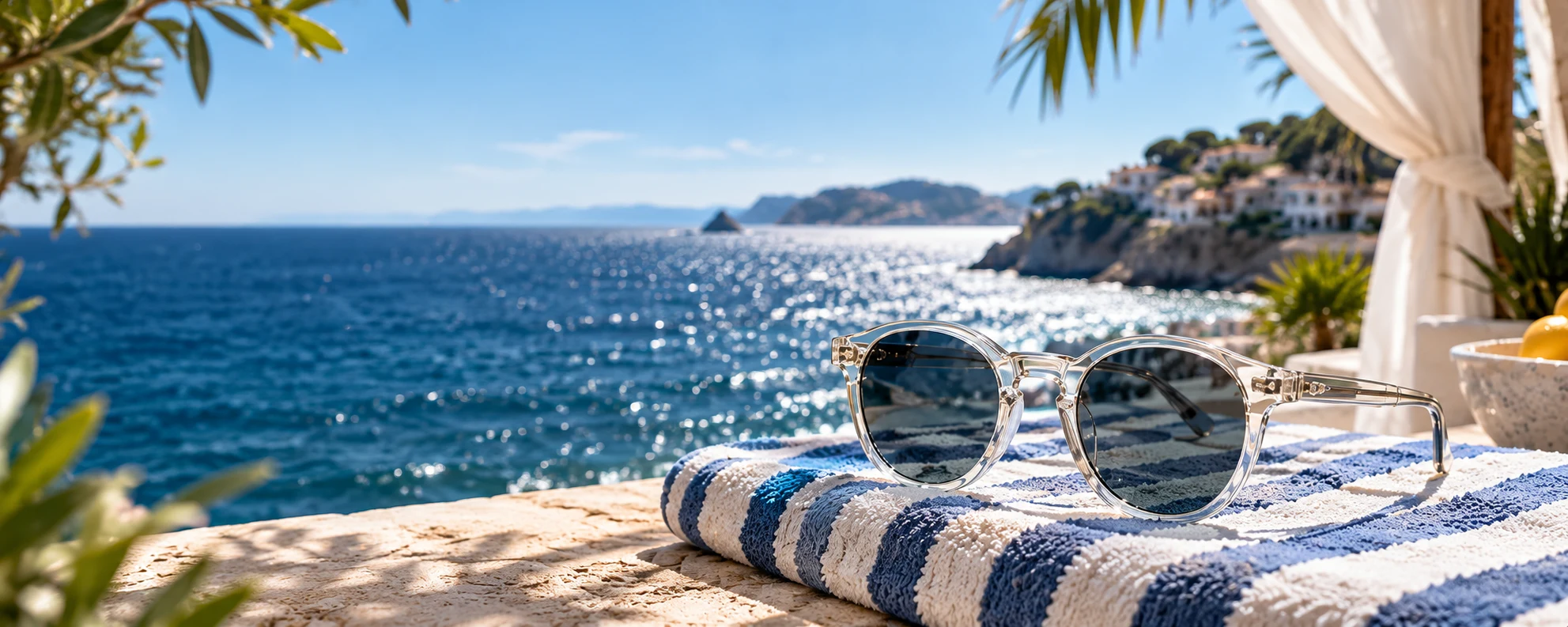 Transparent eyewear beside the sparkling sea